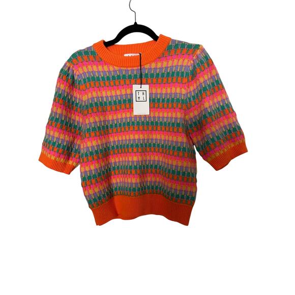 THML Sweater Womens Small Stephens Striped Puff Sleeve Crew Neck Pullover Knit - Picture 3 of 5